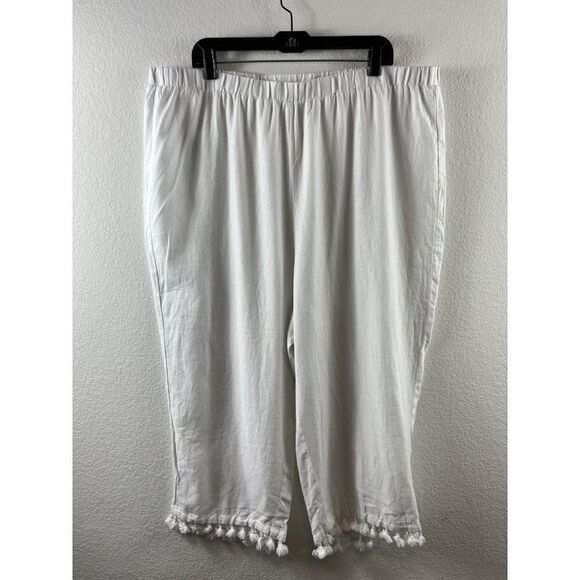 Cynthia Rowley White Linen Blend Tassel Hem Cropped Pull-On Pants Sz 2X Coastal - Picture 1 of 7